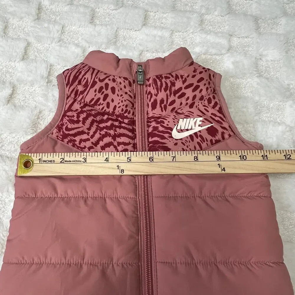 Nike Toddler Girls 12M Pink Puffer Vest Animal Print Full Zip Sleeveless Jacket